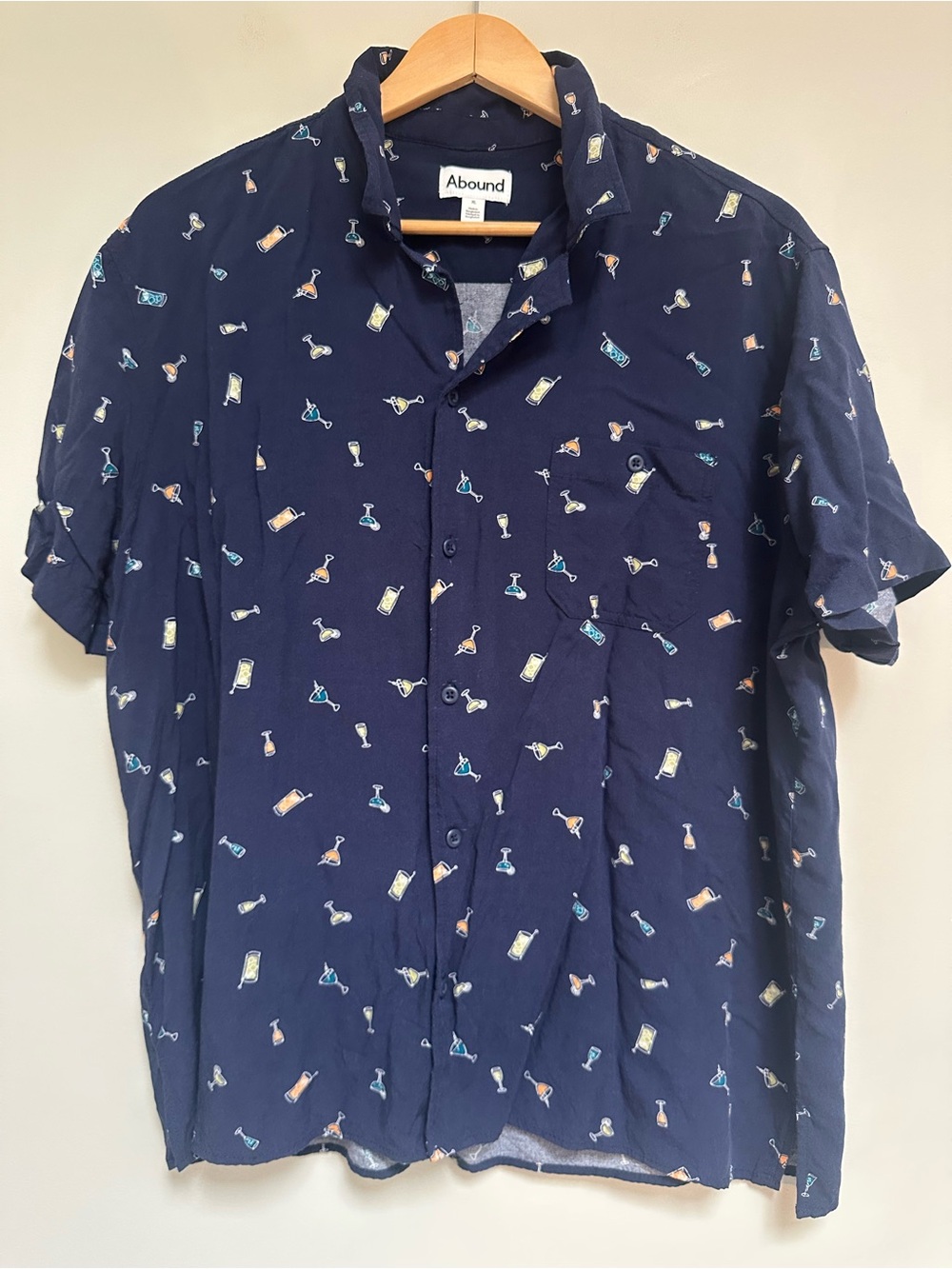 Abound Men’s XL Button‑Up Shirt‎ Blue Cocktail Print Short Sleeve Pocket